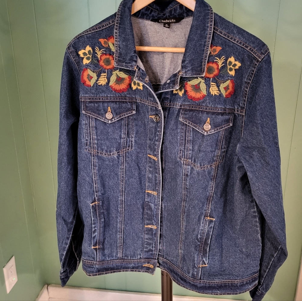 Avant Garde Denim Jacket with Embroidery Detail, Chadwicks, XL,